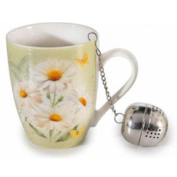 Margaréta virágos porcelán bögre szett fémszűrővel - 300 ml - design csomagolásban