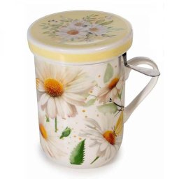 Margaréta virágos porcelán bögre tetővel és fémszűrővel - 300 ml