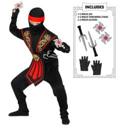 Ninja jelmez kiegészítőkkel - fekete piros/arany mintázattal - 128 méret