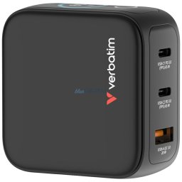 Verbatim Mini GaN mains charger 65W 2xUSB-C PD/1x USB-A QC EU/UK/USA adapter black 30238