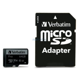 Verbatim 64GB microSD Card + Adapter Pro U3 black 47042