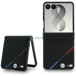 BMW M Leather Perforated Tricolor Stripe Metal Logos MagSafe Case for Samsung Galaxy Z Flip8 Black