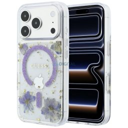 Guess Resin Flowers Glitter MagSafe Case for iPhone 18 Pro / 17 Pro Purple