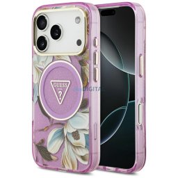 Guess IML Glitter Flowers Triangle MagSafe Case for iPhone 18 Pro / 17 Pro Purple