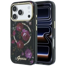 Guess IML Glitter Blossom Roses Apple iPhone 18 Pro / iPhone 17 Pro tok, MagSafe, csillámos, rózsa minta, fekete