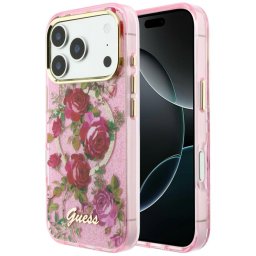 Guess IML Glitter Blossom Roses Apple iPhone 18 Pro / iPhone 17 Pro tok, MagSafe, csillámos, rózsa minta, rózsaszín