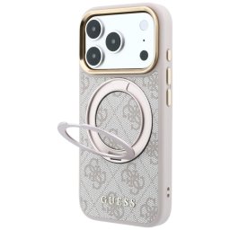 Guess PU 4G Ring Stand Apple iPhone 18 Pro Max / iPhone 17 Pro Max hátlap tok kitámasztóval, MagSafe, fehér-rózsaszín