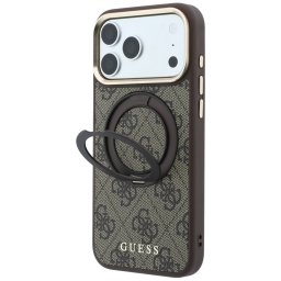 Guess PU 4G Ring Stand Apple iPhone 18 Pro Max / iPhone 17 Pro Max hátlap tok kitámasztóval, MagSafe, barna-arany