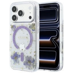 Guess Resin Flowers Glitter Apple iPhone 18 Pro Max / 17 Pro Max tok, MagSafe, csillámos, virág minta, lila