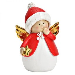 Angyalka piros ruhában, arany szárnnyal - 12 cm - poliresin