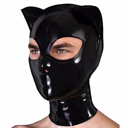 Macskafej formj fekete latex fejmaszk cipzrral 0,4 mm vastag