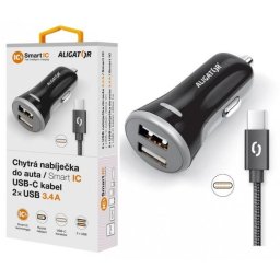 ALIGATOR intelligens autós töltő 3.4A, 2xUSB, intelligens IC, fekete, USB-C kábellel