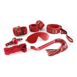 Crushious BDSM szett karszíjjal, bokapánttal, pórázzal, peccesszel piros