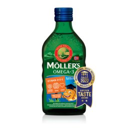 Möllers omega-3 halolaj étrend-kiegészítő a, d és e-vitaminnal, tutti-frutti ízesítéssel 250 ml