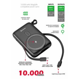 SWISSTEN POWER BANK 10 000 mAh PD 20 W, beépített USB-C és Lightning kábelekkel (MagSafe-kompatibilis)
