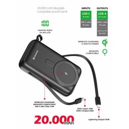 SWISSTEN POWER BANK 20 000 mAh PD 20 W, beépített USB-C és Lightning kábelekkel (MagSafe-kompatibilis)