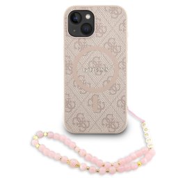 Guess PU Leather 4G Colored Ring Strap Apple iPhone 15 MagSafe tok korall színű karpánttal, rózsaszín-arany