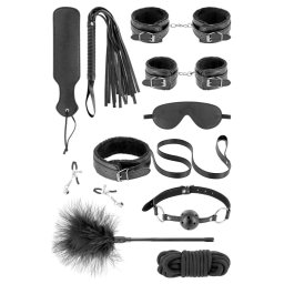 Fetish Tentation Bondage szett 10 darabos vegán bőr, kötöző, lánc, maszk, bíró, packa, piros-fekete