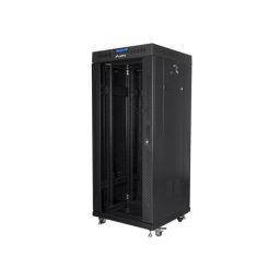Lanberg FF01-6627-12BL 19" 27U SZÉL:600mm MÉLY:600mm MAG:1431mm lapraszerelt LCD üvegajtós fekete álló rack szekrény