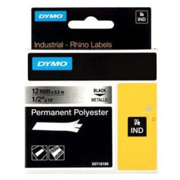 Dymo eredeti címkenyomtató szalag, Dymo, 18486, fekete nyomtatás/metál hátlap, 5,5m, 12mm, RHINO tartós poliészter D