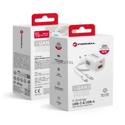 Phone charger Forcell F-Energy GaN III Crystal Color USB C + USB A QC4.0 PD 33W + silicone cable USB C to USB C VT-41 white 0INT