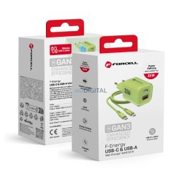 Phone charger Forcell F-Energy GaN III Crystal Color USB C + USB A QC4.0 PD 33W + silicone cable USB C to USB C VT-41 green
