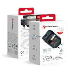 Phone charger Forcell F-Energy GaN USB C + USB A + retractable cable USB C PD QC4.0 3A 70W VT-R7 gray