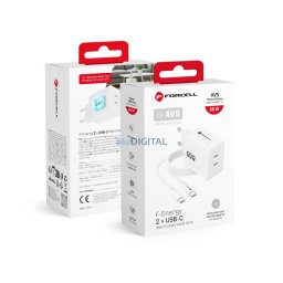 Phone charger Forcell F-Energy GaN III Crystal Color 2x USB C AVS SSFC3.0 60W + silicone cable USB C to USB C VT-60 white