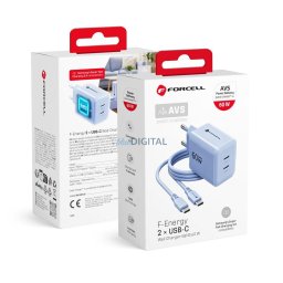 Phone charger Forcell F-Energy GaN III Crystal Color 2x USB C AVS SSFC3.0 60W + silicone cable USB C to USB C VT-60 ligth blue