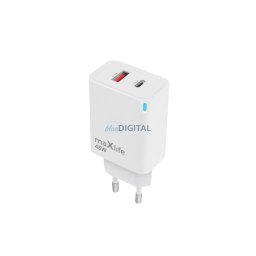 Hálózati gyors töltőfej, 1xType-C / 1xUSB, PD + QC, GaN, 45W, fehér, Maxlife MXTC-09-45AC