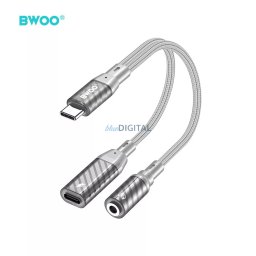 2in1 Type-C - Type-C / 3,5mm jack aljzat audio és töltő adapter, szürke, 65W, szövettel fonott, 0.15M, BWOO BO-BZ67