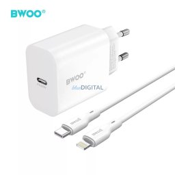 Hálózati töltőfej 1x Type-C + Type-C - iPhone 8pin adatkábel, PD 3.0 / 20W, fehér, BWOO CDA233C-L