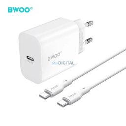 Hálózati töltőfej 1xType-C + Type-C - Type-C adatkábel, PD 20W, fehér, BWOO BO-CDA233C-C