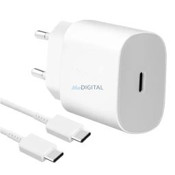 Samsung hálózati gyors töltőfej Type-C csatlakozóval + Type-C - Type-C adatkábel, gyári, 25W / 3A, fehér, EP-TA800EWE / EP-DA905BWE (CSOMAGOLÁS NÉLKÜLI)