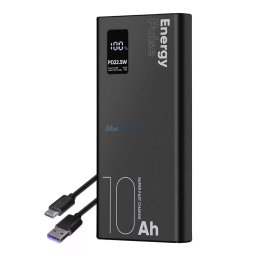 Power Bank, 2xUSB / 1xType-C / 1x micro USB + Type-C kábel, 10000 mAh / 22.5W, fekete, LCD kijelző, OBAL:ME EnergyPulse