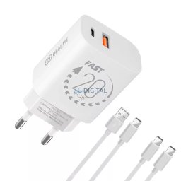 Hálózati gyors töltőfej 1x USB / 1x Type-C + 1x Type-C adatkábel / 1x Type-C -Type-C adatkábel, 3A / 20W, fehér, OBAL:ME OM20WCASET