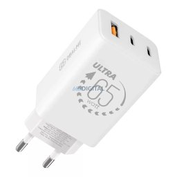Hálózati gyors töltőfej, 2xType-C / 1xUSB, 65W, GaN, fehér, OBAL:ME OM65W2CA