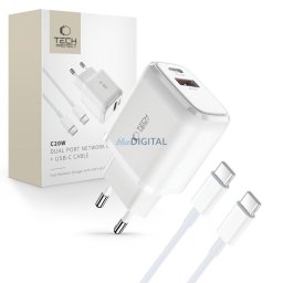 Tech-Protect C20W QC3.0 PD 20W Hálózati Töltőfej + USB Type-C Töltőkábel - Fehér