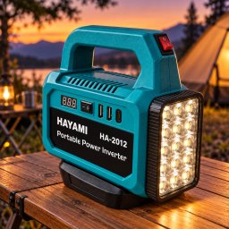 HAYAMI HA-2012 hordozható áramforrás USB-csatlakozókkal és LED munkalámpával