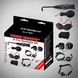 Bondage szett 8 részes fekete bilincs nyakörv maszkkal korbáccsal klipekkel kötelekkel