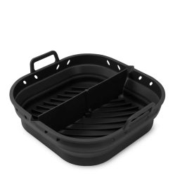 DAM ELECTRONICS összecsukható, téglalap alakú szilikon air fryer forma fogantyúkkal – 22 × 23 cm – élelmiszeripari minőség – fekete