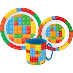 Lego mintázatú Bricks étkészlet, micro műanyag szett bögrével 350 ml