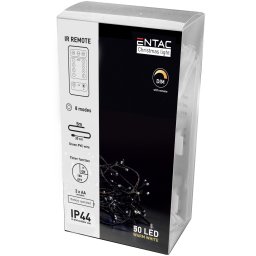 Entac Karácsonyi IP44 Fényfüzér 50 LED WW 5m IR Távirányítóval (3AA)