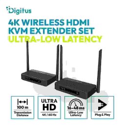 DIGITUS 4K/60 Hz vezeték nélküli HDMI KVM-hosszabbító készlet, 100 m, fekete