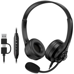 Genius HS-235U AI, fejhallgató, vezetékes, fejre rögzíthető, mikrofon, Copilot, hangerő-szabályozás, 2,4 m-es kábel, USB-C, USB, fekete