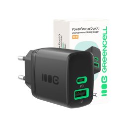Green Cell PowerSource Duo30 USB/USB-C töltő, fekete hálózati adapter, 30 W Power Delivery