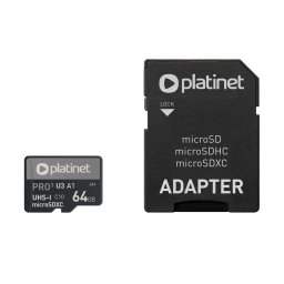 Memóriakártya 64 Gb micro SDHC + SD adapter Class10, U3,A1 90MB/s Platinet