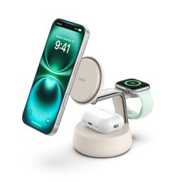Belkin UltraCharge PRO Qi2 25 W-os 3 az 1-ben mágneses töltő iPhone/Apple Watch/AirPods készülékekhez, homokszínű