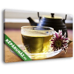 Egy csésza tea, virággal és teáskannával (40x25 cm, Vászonkép )