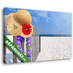 Strandrészlet virágos kalappal (40x25 cm, Vászonkép )